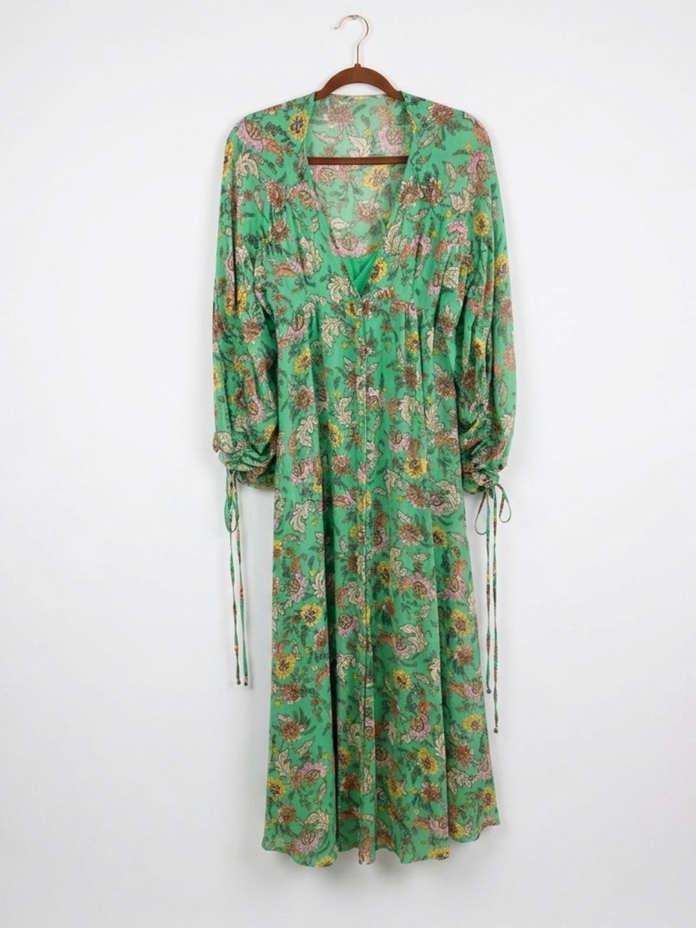 Free People Earthfolk Maxi Dress Green Floral Boho Ruched Sleeve XS - Picture 2 of 16